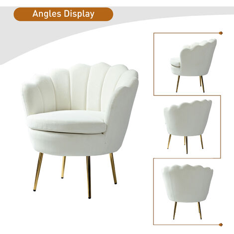 Living Room Armchair Velvet Tub Chair Comfy Upholstered Occasional Chair with Seashell Back Metal Leg for Lounge, White