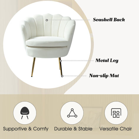 Living Room Armchair Velvet Tub Chair Comfy Upholstered Occasional Chair with Seashell Back Metal Leg for Lounge, White