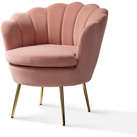 Living Room Armchair Velvet Tub Chair Comfy Upholstered Occasional Chair with Seashell Back Metal Leg for Lounge, Pink