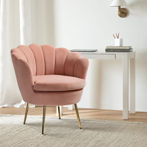 Living Room Armchair Velvet Tub Chair Comfy Upholstered Occasional Chair with Seashell Back Metal Leg for Lounge, Pink