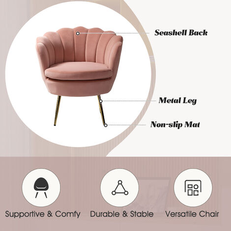 Living Room Armchair Velvet Tub Chair Comfy Upholstered Occasional Chair with Seashell Back Metal Leg for Lounge, Pink