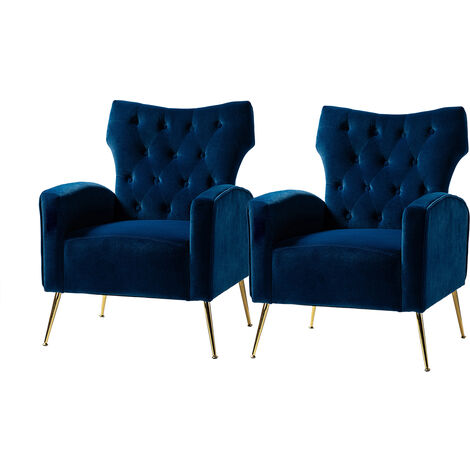 Set of 2 Modern Wingback Velvet Arm Chair Upholstered Sofa Chair with Button Tufted and Gold Legs for Living Room Bedroom, Blue