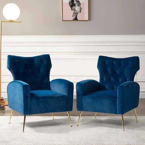 Set of 2 Modern Wingback Velvet Arm Chair Upholstered Sofa Chair with Button Tufted and Gold Legs for Living Room Bedroom, Blue