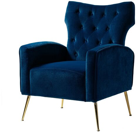 Modern Wingback Velvet Arm Chair Upholstered Sofa Chair with Button Tufted and Gold Legs for Living Room Bedroom, Blue