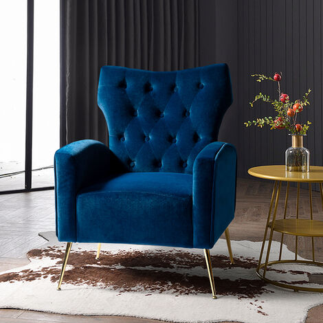 Modern Wingback Velvet Arm Chair Upholstered Sofa Chair with Button Tufted and Gold Legs for Living Room Bedroom, Blue