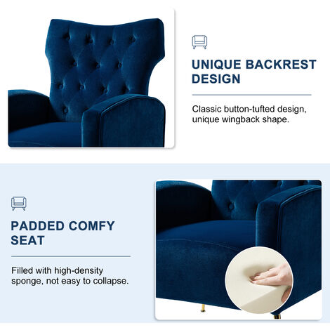 Modern Wingback Velvet Arm Chair Upholstered Sofa Chair with Button Tufted and Gold Legs for Living Room Bedroom, Blue