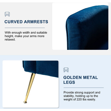 Modern Wingback Velvet Arm Chair Upholstered Sofa Chair with Button Tufted and Gold Legs for Living Room Bedroom, Blue