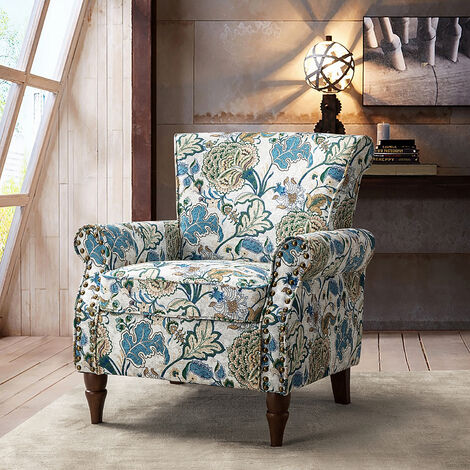 Modern Wingback Armchair Floral Pattern Single Sofa Chair with Wood Legs and Removable Cushion for Living Room Bedroom, Green