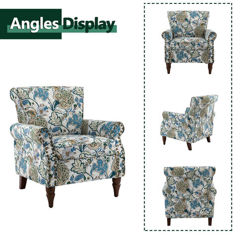 Modern Wingback Armchair Floral Pattern Single Sofa Chair with Wood Legs and Removable Cushion for Living Room Bedroom, Green