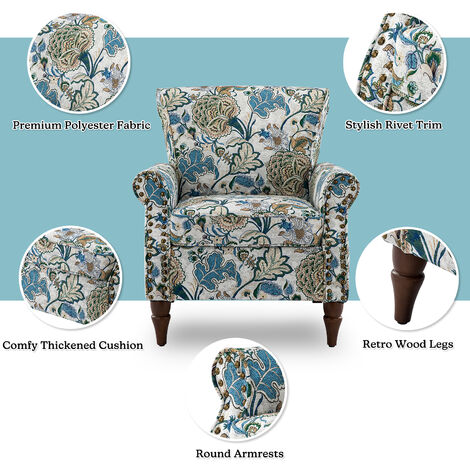 Modern Wingback Armchair Floral Pattern Single Sofa Chair with Wood Legs and Removable Cushion for Living Room Bedroom, Green