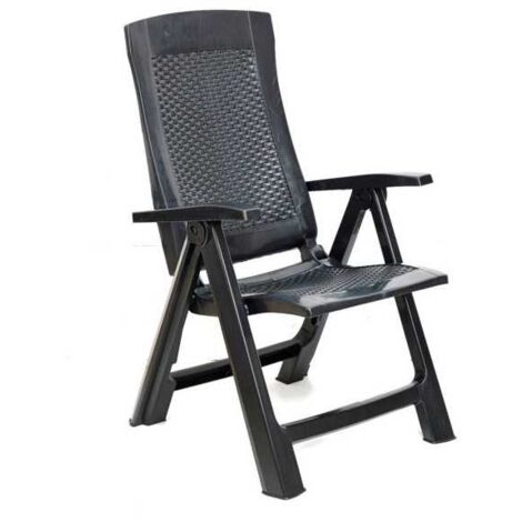 Progarden – Fauteuil de jardin pliant en rotin anthracite – Résine 100% recyclable – Dossier réglable – Accoudoirs confortables – Dimensions 59x67x106cm