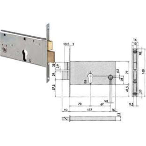 Serrure monopoint en applique 70mm – 2 lancers – Pêne dormant et demi-tour en laiton – Compatible cylindre profilé – Cisa (1/8)
