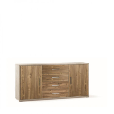 Meuble 2 portes, 4 tiroirs, 174 cm (L) x 41 cm (P) x 84 cm (H), finition blanc mat et noyer, Sarmog (1/3)