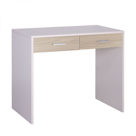 Bureau à 2 tiroirs, 91 cm (L) x 55 cm (P) x 76 cm (H), finition blanc flammé et orme clair, Sarmog (1/4)