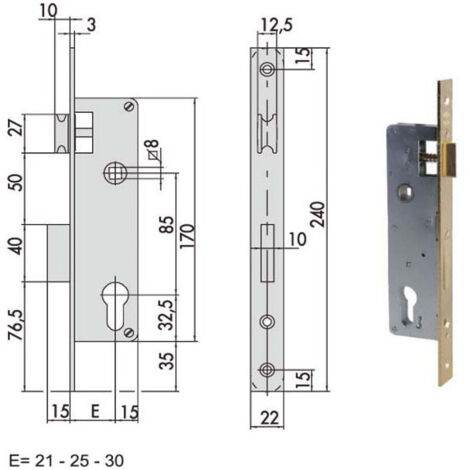 Serrure électrique à insérer pour bois – Frontal 22x240mm – Verrou et pêne dormant ambidextres – Contre-plaque incluse – Cisa