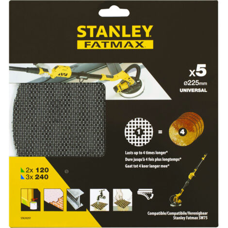 Stanley Fatmax – Pack de 5 disques abrasifs 225 mm – Grain 120/240 – Système velcro pour ponceuse Girafe – Durée de vie 4x supérieure - STA39297-XJ