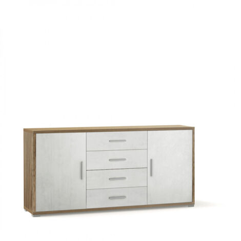 Meuble 2 portes, 4 tiroirs, 174 cm (L) x 41 cm (P) x 84 cm (H), finition noyer et blanc mat, Sarmog (1/3)