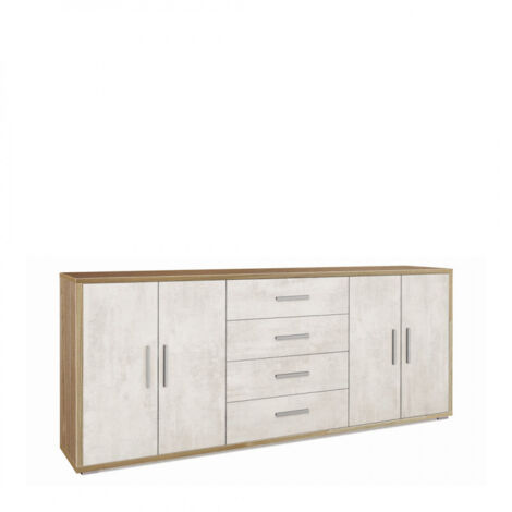 Meuble 4 portes, 4 tiroirs, 203 cm (L) x 41 cm (P) x 84 cm (H), finition noyer et blanc mat, Sarmog (1/2)
