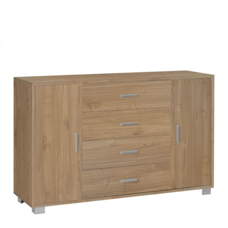 Meuble 2 portes, 4 tiroirs, 136 cm (L) x 41 cm (P) x 86 cm (H), finition noyer, Sarmog (1/5)