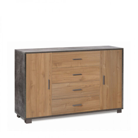 Meuble 2 portes, 4 tiroirs, 136 cm (L) x 41 cm (P) x 86 cm (H), finition noir mat et noyer Stelvio, Sarmog (1/5)