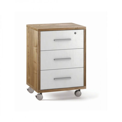 Commode à roulettes, 3 tiroirs, 51 cm (L) x 41 cm (P) x 71 cm (H) – Bois de noyer et finition blanc mat – Sarmog (1/5)