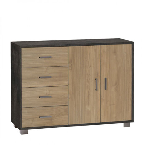 Meuble 2 portes, 4 tiroirs, 116 cm (L) x 41 cm (P) x 86 cm (H), finition noir mat et noyer, Sarmog (1/4)