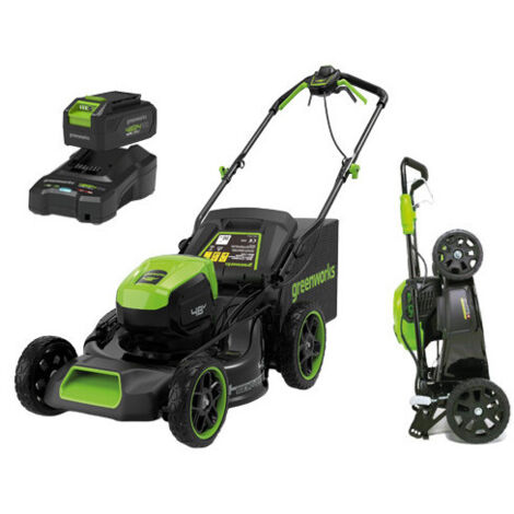 Tondeuse autoportée 48 V 46 cm 3-en-1 avec batterie 4 Ah – jusqu'à 500 m² – Greenworks