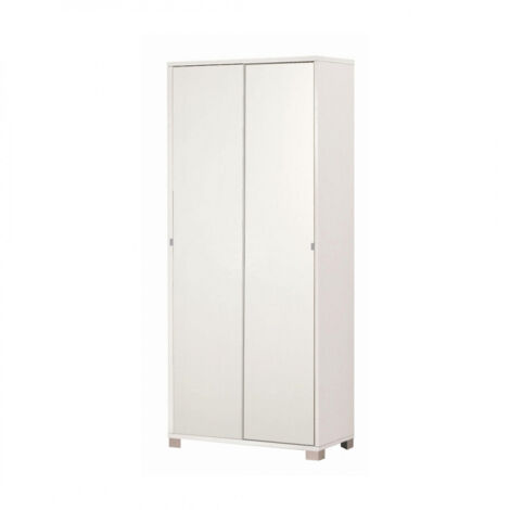 Armoire coulissante 2 portes 82x42x190 cm – Finition blanc flammé – 8 étagères réglables – Poignées métal et pieds chrome satiné – Sarmog