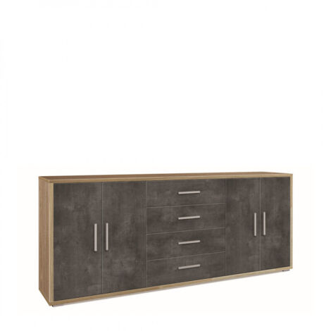 Meuble 4 portes, 4 tiroirs, 203 cm (L) x 41 cm (P) x 84 cm (H), finition noyer et noir mat, Sarmog (1/2)