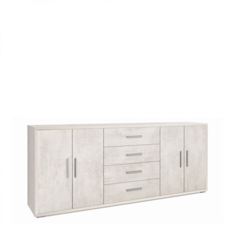 Meuble 4 portes, 4 tiroirs, 203 cm (L) x 41 cm (P) x 84 cm (H), finition blanc mat, Sarmog (1/2)