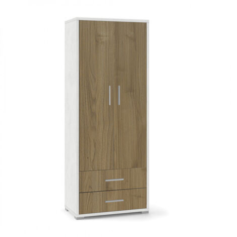 Meuble 2 portes, 2 tiroirs, 71L x 41P x H182 cm, finition blanc mat et noyer, Sarmog