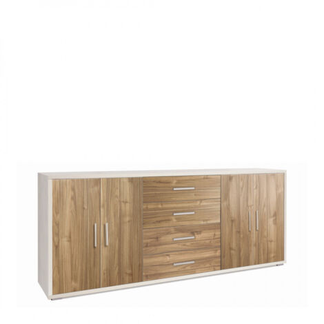 Meuble 4 portes, 4 tiroirs, 203 cm (L) x 41 cm (P) x 84 cm (H), finition blanc mat et noyer, Sarmog (1/2)