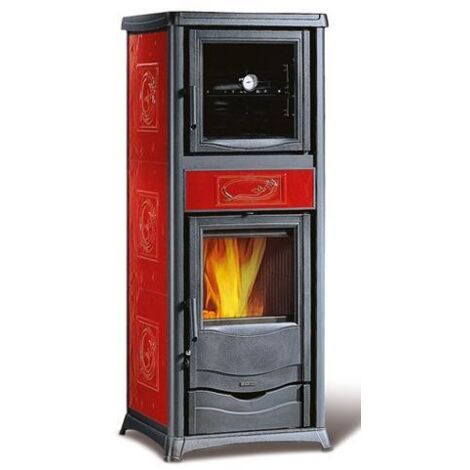 Nordica – Poêle à bois 9,1 kW pour espaces jusqu'à 260 m³ – Four émaillé 37L – Rendement 86% – Sortie de fumée Ø130 mm – Fonte et majolique Bordeaux