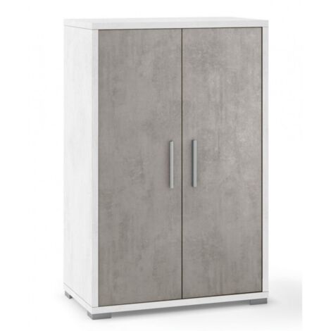 Meuble 2 portes, 71 cm (L) x 41 cm (P) x 110 cm (H), finition blanc mat et ciment, Sarmog