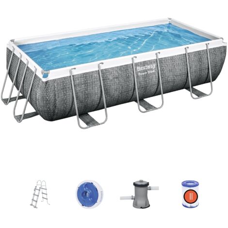 Bestway – Piscine hors-sol rectangulaire 404 x 201 x 100 cm – Effet rotin gris – Cadres métalliques inoxydables – Liner Tritech résistant - 56721-3 (1/10)