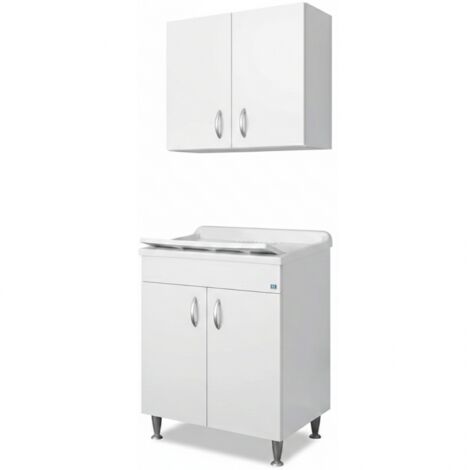 Aménagement buanderie avec évier 60x50 cm et meuble haut – Blanc – Bois hydrofuge – Negrari (1/5)