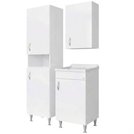 Meuble sous-évier de buanderie en stratifié étanche 45 x 50 cm avec colonne et élément mural – Blanc pour usage intérieur – Negrari (1/5)