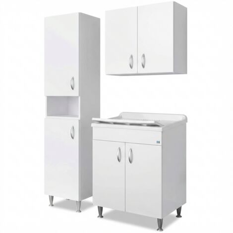 Meuble buanderie/évier en stratifié hydrofuge – évier 60 x 50 cm avec colonne et meuble haut 2 portes – Blanc pour intérieur – Negrari (1/5)