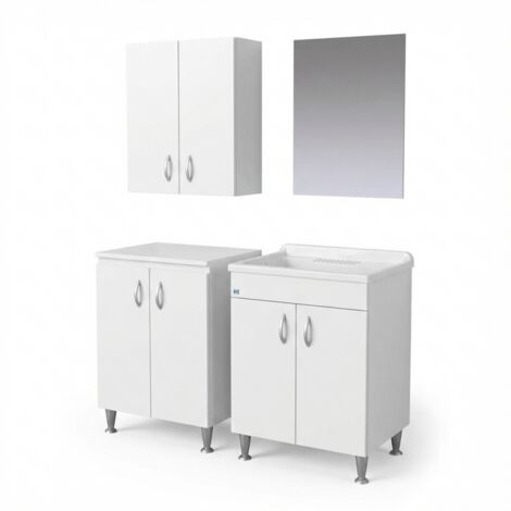 Meuble buanderie avec évier en stratifié imperméable 60x50, meuble bas 2 portes, élément mural et miroir 45x60 – Blanc – Negrari (1/5)