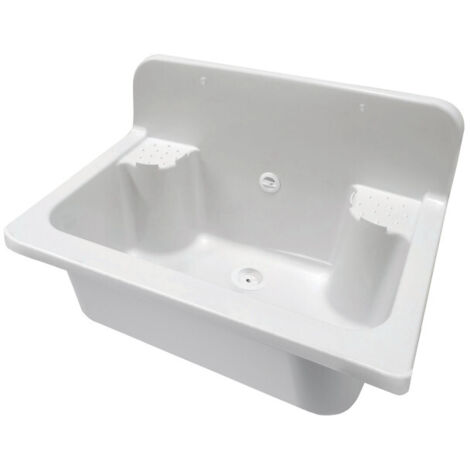 Lavabo mural extérieur, 56 x 37 cm, blanc, double vasque, pour jardin et garage, kit de montage et de vidange inclus, Negrari (1/2)