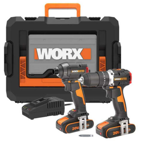 Ensemble perceuse-visseuse sans fil Worx WX355.9 et visseuse à chocs 20 V WX265 avec batteries et chargeur pour travaux intensifs (1/2)