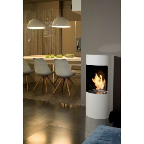 Cheminée bioéthanol Cortina blanche – Puissance 2,5 kW – Brûleur 1,2 L en fibre céramique – Dimensions 950 x Ø 450 mm – Verre trempé – Tecno Air System