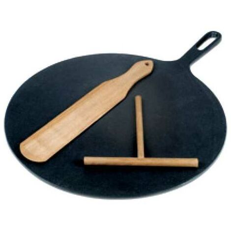 Crêpière en fonte 32 cm – Surface lisse pour cuisson uniforme – Poignée intégrée – Râtelier à pâtes et spatule inclus – Ilsa