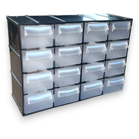 Unité de stockage en plastique L 221 x P 85 x H 156 mm avec 16 tiroirs transparents