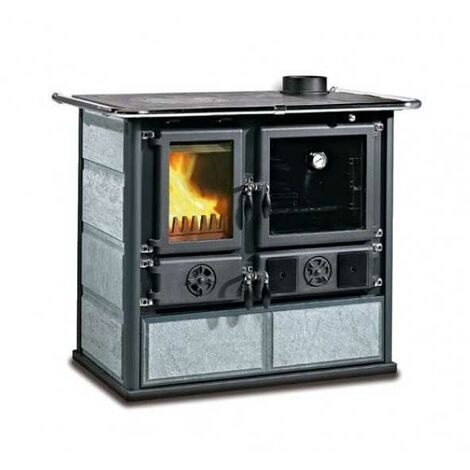 Nordica – Cuisinière à bois 6,5 kW – Revêtement en pierre naturelle – Foyer en fonte – Four panoramique émaillé 41 l – Efficacité 78,9 % classe A