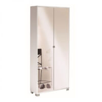 Armoire à miroir 2 portes 83L x 29P x H190 cm – Finition blanc flammé – 8 étagères réglables – Poignée aluminium bruni – Pieds chrome satiné – Sarmog