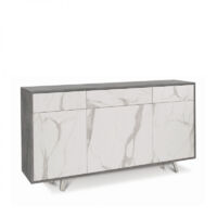 Meuble 3 portes, 3 tiroirs, 164 cm (L) x 41 cm (P) x 92 cm (H), finition ciment et marbre Calacatta, Sarmog