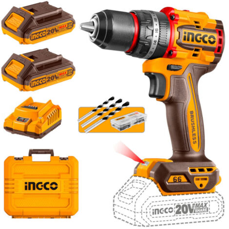 Ingco CIDLI20668E Trapano avvitatore a percussione a batteria 20 V brushless 66 nm compact con 2 batterie 2 ah e valigetta