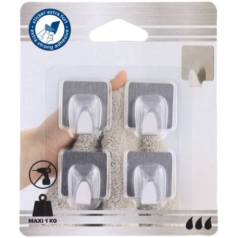 WENKO Set 4 Ganci Quadrati In Acciaio Inox Lucido, 1.9x3.4x1.5 Cm, Per Parete E Porta