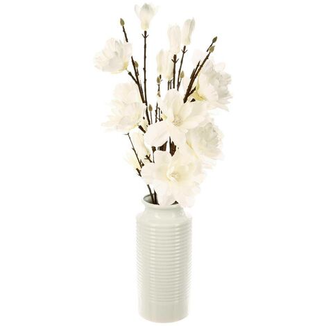 Rami di magnolia vaso bianco h75cm - composizione magnolia, vaso dolomite,  polietilene e ferro, dimensioni 30x75 cm 